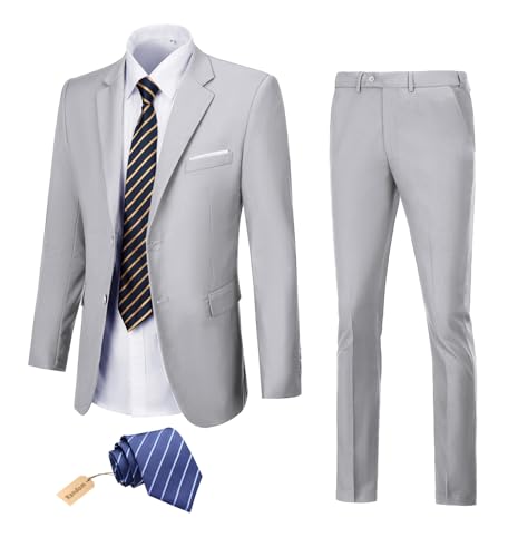 YND Ensemble 3 Pièces Pour Homme, Coupe Ajustée, Veste Unie à Un Bouton Gilet Et Pantalon Avec Cravate Gris Pale