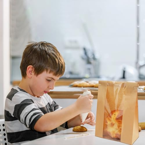X-BLTU 100 Stück Braune Papiertüten Bäcker mit Klarem Fenster, 35 x 21 x 9 cm Kraft Brottüten Papier Groß mit 100 Stück Aufkleber, Brotpapiertüten für Laib, Hausgemachtes Brot, Sauerteig, Geschenke