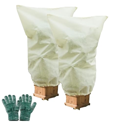 LEBOKJ Telo Antigelo per Piante 2 Pezzi 60cm x 80cm con Guanti di Protezione dal Freddo, Copertura Invernale in Tessuto Non Tessuto Resistente al Gelo con Cordino, Ideale Contro Il Freddo, la Neve