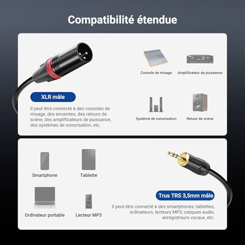 Câble 3.5mm vers double XLR pour une transmission audio stéréo sans interférence