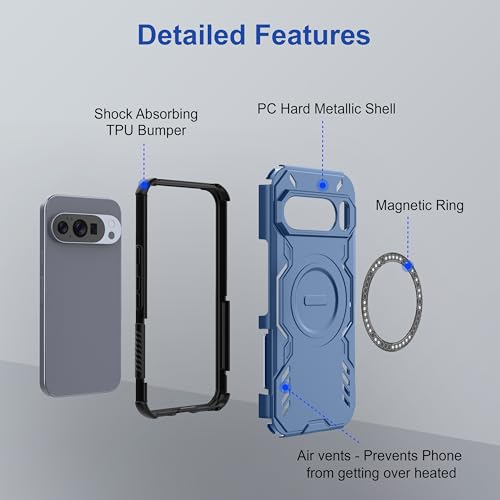 Image of amazon basics Back Case Cover for Google Pixel 10 Pro | Magnetic Case with Built-in Metal Ring | Supports MagSafe Charger, Wallet & Car Mount | Shockproof Hybrid PC + TPU | Blue
