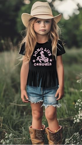 Image of Girls Western Shirt Cowgirls Embroidered Country Concert T Shirt Graphic Horseback Rider Tassel Fringe Tee Tops
