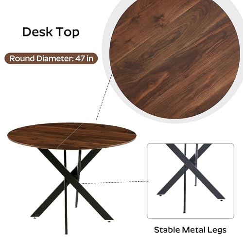 Image of Wood Dining Table Set for 4, 47 inch Round Kitchen Table with 4 Boucle Dining Chairs, MDF Tabletop with Metal Legs, Ergonomic Dining Chair with Metal Legs(Woodgrain Table)