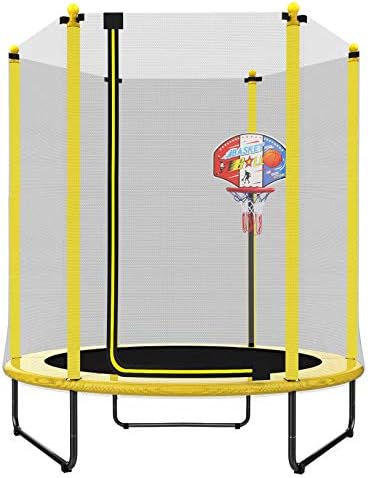 LANGXUN Yellow Diameter 150 cm * High 160 cm Indoor/Outdoor Trampoline for Children Birthday Gift with Plastic Basketball Frame