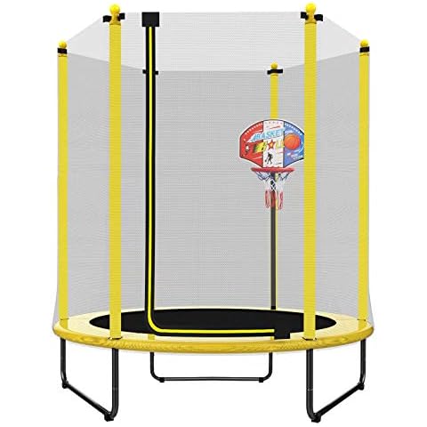 LANGXUN Yellow Diameter 150 cm * High 160 cm Indoor/Outdoor Trampoline for Children Birthday Gift with Plastic Basketball Frame Cover