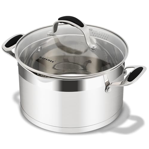 Rorence 6 QT Stainless Steel Stockpot, Large Stock pot with Silicone Coated Handles and Pout Spouts, Induction Cooking Pot with Clear Transparent Tempered Glass Lid for All Stoves, Dishwasher Safe