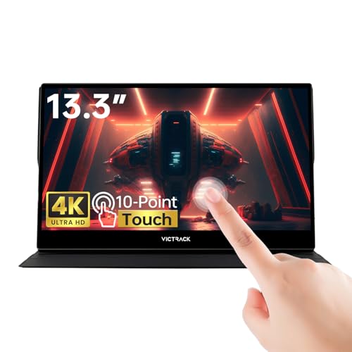 Image of KKE Victrack 4K UHD Touchscreen Ultra Portable Monitor for Designing and Gaming, 13.3 inch Slim UHD, Gaming Monitor with Cover, Accessories Includes Power Adapter, Type-C, USB-C Cable, Mini HDMI Cable