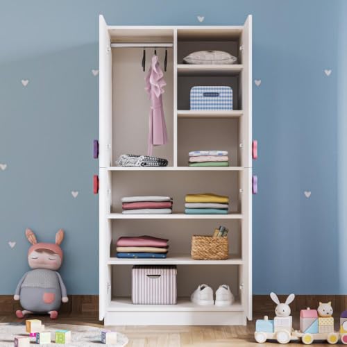 Image of Wakefit Kids Wardrobe | 1 Year Warranty |Wardrobe, Wardrobe Wooden, Almirah for Kids, Cupboard for Kids, Wardrobe for Kids, Bugs with 4 Shutter & Solid Wood Handles (Frosty White - Pink & Purple)