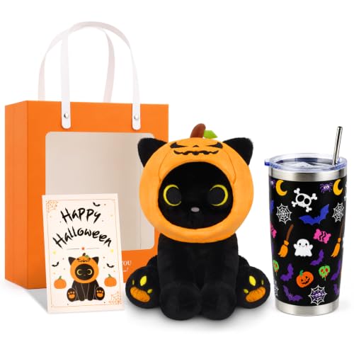 Image of Halloween Plush Gifts Set - Pumpkin Black Cat Plush Gifts for Teens | Removable Costume Stuffed Animal & Coffee Mug Gift Set for Kids, Adults, 20oz Stainless Steel Tumbler with Straw