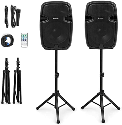 GOFLAME Portable 15' PA Speaker System Set, 3000W 2-Way Loudspeaker with Active + Passive Speaker, High Powered DJ Speaker with Bluetooth, USB/SD Card Reader, Stands, Microphone, Remote