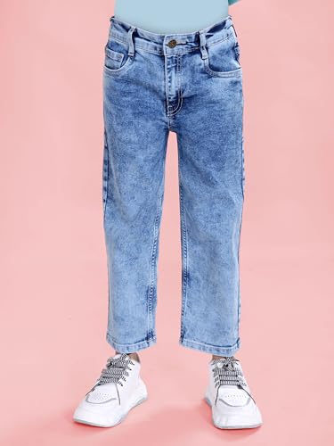 Image of KiddoPanti Girls Solid Waist Elasticated Straight Fit Jeans