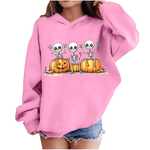 Girls Casual Hooded Sweatshirt Halloween Graphic Hoodies Long Sleeve Oversized Pullover Tops Trendy Fleece Clothes