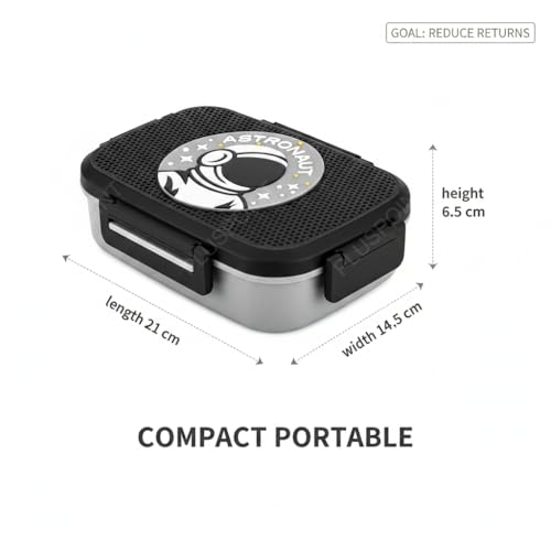 Image of PLUSPOINT Big Steel Lunch Box Space Theme Stainless Steel Lunch Box with Inner Separate Veg Box | Leak Proof and Break Resistant | Tiffin for Kids, Adults with Snap Lock | Ideal for Kids