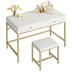 SUPERJARE 35.4" White and Gold Desk with 2 Drawers, Modern Makeup Vanity with Padded Stool, Small Computer Desk Home Office Desk for Writing Study Bedroom