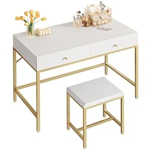 SUPERJARE 35.4″ White and Gold Desk with 2 Drawers, Modern Makeup Vanity with Padded Stool, Small Computer Desk Home Office Desk for Writing Study Bedroom