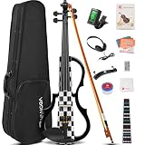 Vangoa Electric Violin 4/4 Full Size Set, Solid Maple Wood Silent Electric Violin Bundle, Quiet Electric Fiddle Kit with Ebony Fittings, Black Vichy, Music Instrument Gift for Adults