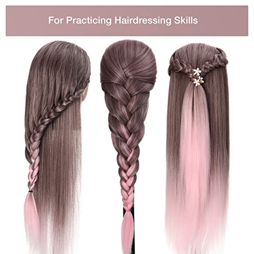 GUANJUNE Schaufensterpuppe Kopf, Friseur Trainingskopf Friseur,26-28 Zoll 100% Kunstfaser Kosmetik Puppenkopf mit Klemmhalter + Haaraccessoires Set,Geschenke für Mädchen (Farbverlauf Pink)