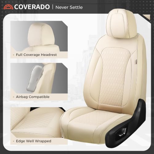 Image of Coverado Car Seat Covers for Front Seats, Leather Seat Covers for Cars, Waterproof Automotive Car Seat Protectors, Front Car Seat Cushions Driver Seat Covers Universal Fit for Most Cars, Beige