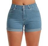 Pnadty Women's Summer High Waisted Stretch Denim Shorts Casual Folded Hem Jean Shorts(03Light Blue,X-Large)