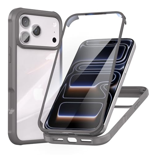 MQman iPhone17ProMax �p �P�[�X ���ʓ��� �O�ʃK���X+�w��PC�v���[�g 360°�S�ʕی� 100����ʃ^�b�`���x �ϏՌ� �����K���X �t�����g+�o�b�N�v���[�g �y�� ���C�����X�[�d�Ή� �O�� ���� �J�o�[ (�O���[, iPhone17