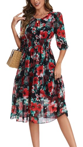 Image of Kormei Women Casual Boho Floral Round Neck 3 /4 Sleeve Smocked Waist Tiered A Line Flowy Swing Midi Dress Long Dresses