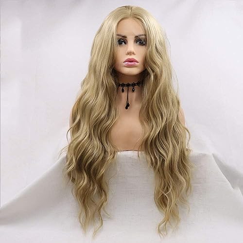 Xiweiya Blonde Curly Hair Long Goldden Wigs Middle Parting Glueless Synthetic Lace Front Wig Natural Looking Ash Blonde Hair Accession Anime Cosplay Wig Drag Queen Hair 24 Inch
