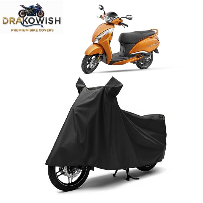 Image of DRAKOWISH Waterproof Scooty Cover for Tvs Jupiter 125 | All Weather Protection from Rain, Dust, Heat & Scratches with Mirror Pockets & Buckle Belt | Jupiter 125 Scooty Cover | Black
