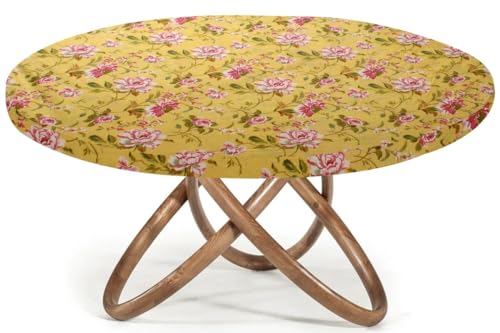 Image of The Furnishing Tree Elastic Cotton Round Dining Table Cover 36x36 in Inches Floral Pink Rose on Yellow Base