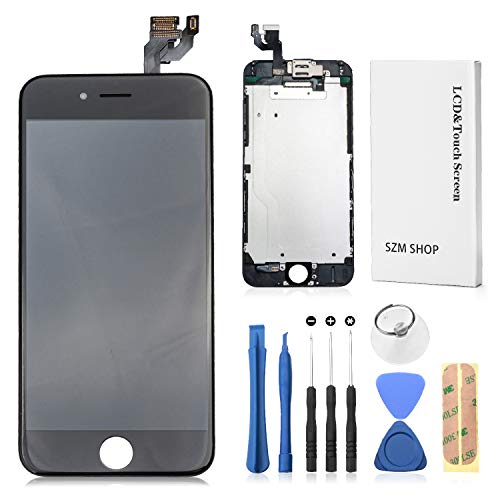 SZM iPhone6 修理用フロントパネル 4.7インチ タッチスクリーン 交換パネル(スピーカー +フロントカメラ付き)修理パーツ 修理工具付属 ホームボタン付きません (6黒)