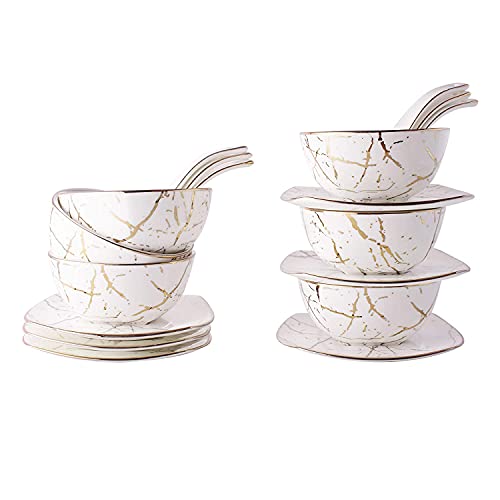 Image of Bone China Classic Abstract Luxe Gold Soup Bowl with Spoon and Saucer - 200 ml, Set of 18 / White Gold