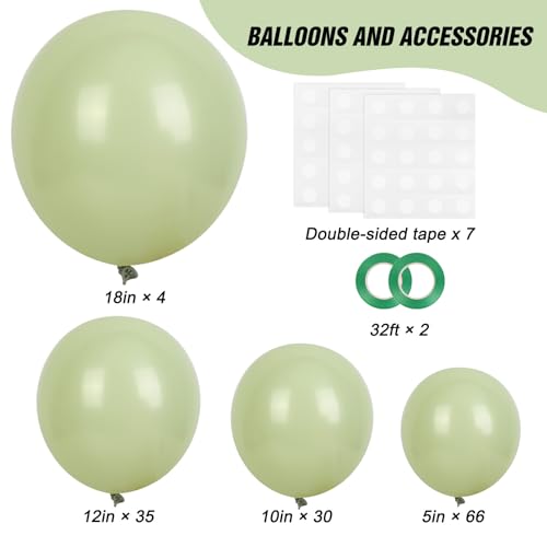 Image of RUBFAC Dusty Green Balloons 129pcs Different Sizes Pack of 18 12 10 5 Inch, Latex Boho Sage Green Balloon Garland Arch Kit for Wedding Dinosaur Jungle Safari Birthday Party Decorations