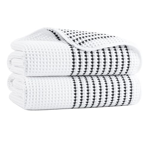 MICROFI New Microfiber Waffle Bath Towels 2 Pieces Soft Absorbent Fast Drying Lint Free 430 GSM (White Striped)