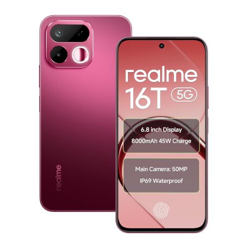 Image of realme 16T 5G Smartphone 8000mAh Batterya 45W Fast Charge, 8GB RAM 256GB ROM, 6.8 inch 144Hz Display, 50mp AI Rear Camera, MediaTek Dimensity 6300 Chipset, Android 16, IP69 Pro Starlight Red