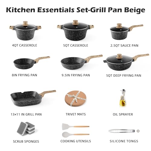 Image of Caannasweis Nonstick Kitchen Cookware Set - Granite Pots and Pans - 20 Piece Grill Pan Set (Classic Black)
