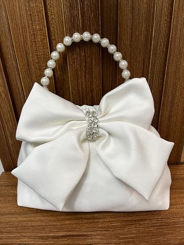 El Çantası; Elegant Pearl Beyaz Saten Gelin, Kristal Taşlı ve İncili Detaylı, Düğün ve Özel Günler için Abiye Çanta