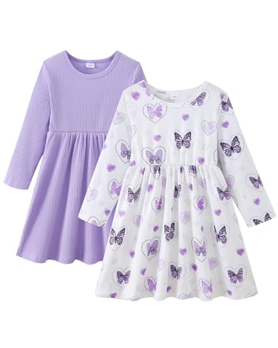 Girls Long Sleeve Dress: 2-Pack Soft Ribbed Ruffles Unicorn Print Toddler Girl Dresses for Casual Birthday Party 2-7Y