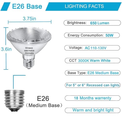 Image of Vinaco PAR30 Short Neck Halogen Flood Light Bulb 50W 120V 3000k Warm White