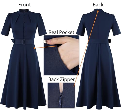 Image of VFSHOW Womens 2024 Business Work Office Pockets Belted Buttons Elegant Fit and Flare A-Line Dress