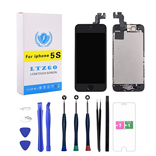 LTZGO Nuevo LCD de Pantalla Táctil Compatible con iPhone 5S Negro con Botón de Inicio, Cámara Frontal, Altavoz con Sensor de Proximidad, Herramientas y Lámina de Vidrio Templado-Negro