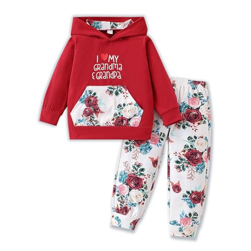 Image of 2PC Girls Clothes Girl letter and Floral print Hooded Set, letter print Top +Floral print Pants Set