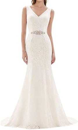 Likedpage Women's Lace Mermaid Wedding Dress, V-Neck Sleeveless Bridal Gown with Beaded Belt