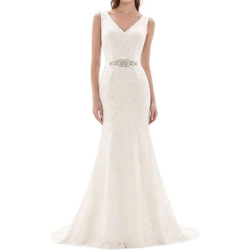Likedpage Women's Lace Mermaid Wedding Dress, V-Neck Sleeveless Bridal Gown with Beaded Belt
