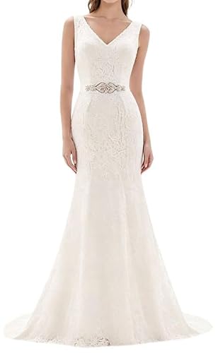 Likedpage Women's Lace Mermaid Wedding Dress, V-Neck Sleeveless Bridal Gown with Beaded Belt Ivory US14