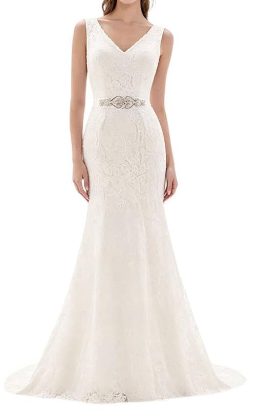 Image of Likedpage Women's Lace Mermaid Wedding Dress, V-Neck Sleeveless Bridal Gown with Beaded Belt
