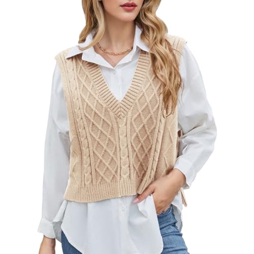 Image of Blostirno Women's Sweater Vest V Neck Sleeveless Casual Ribbed Cable Cropped Pullover Vests Argyle Plaid Knit Tank Tops