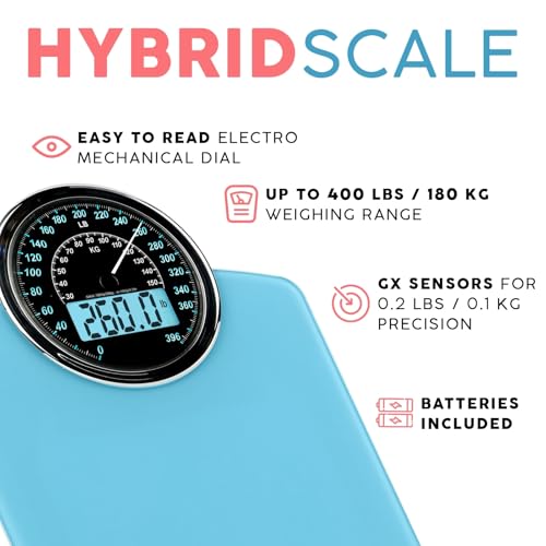 Adamson Hybrid 2-in-1 Analog & Digital Weighing Scale for Body Weight up to 400lbs + Thick Tempered Glass + Extra Large Display + Easy to Read Digital Bathroom Scale + New - Light Blue - Thumbnail 2