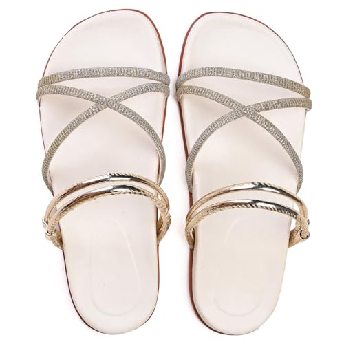 Papete Feminina Birkendy Sándalia Brilho Chinelo Feminino Verão (BRANCO OURO, BR, Adulto, Numérico,