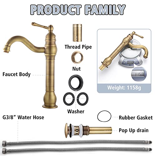 Solepearl Vessel Sink Faucet Antique Brass, 360° Swivel Bathroom Sink Faucet Brushed Brass, Counter Top Tall Spout Single Handle Lavatory Vanity Mixer Bar Tap With Pop Up Drain, Single Hole Deck Mount #TOP5