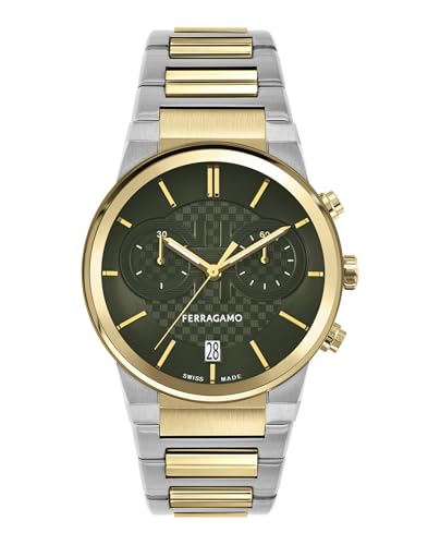 Ferragamo Ferragamo Sapphire Chrono Collection Luxury Mens Watch Timepieces with a Two Tone Bracelet and Case Featuring a Green Dial