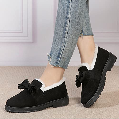 Women's Cotton Shoes Winter Velvet Flat Non Slip Warm Fashion Bow Women's Suede Snow Boots Boys Snow Boots (Black, 7.5) #TOP4